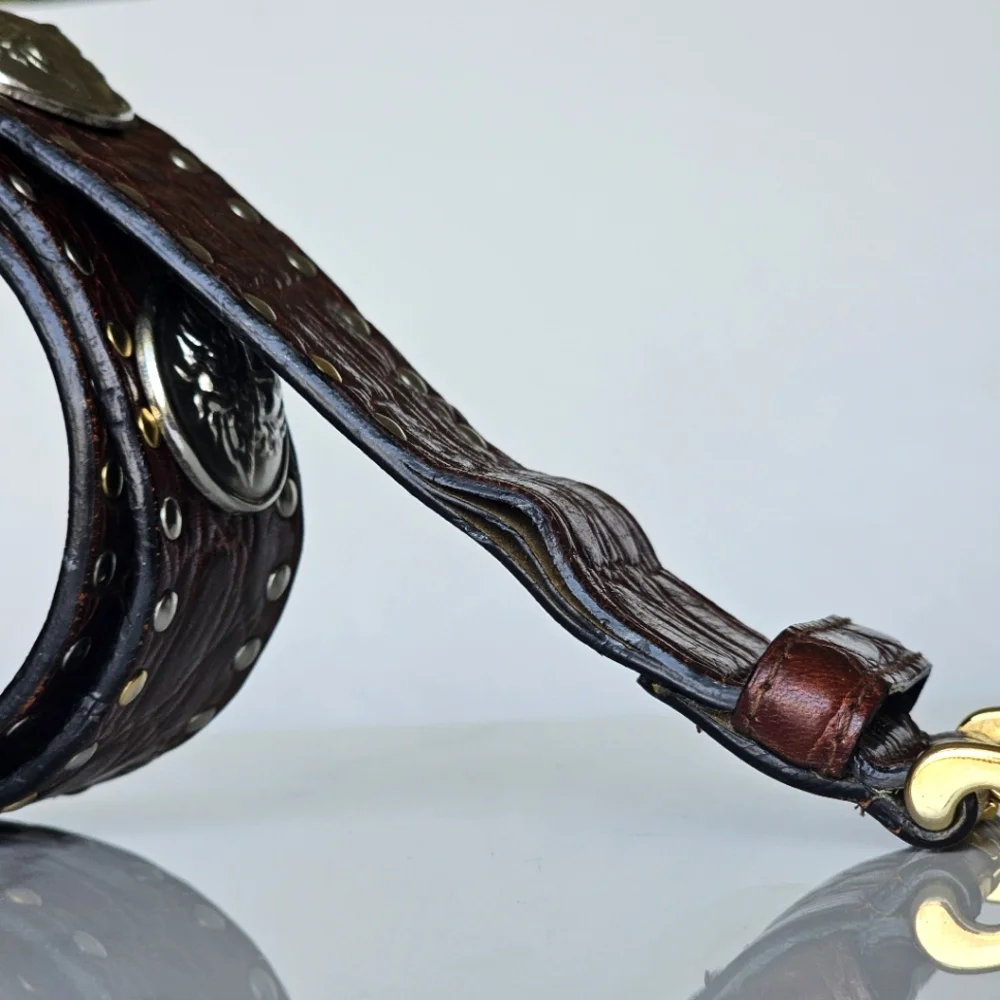 ✨ Vintage Gianni Versace Medusa Studded Leather Belt Brown Croc, Gold & Silver